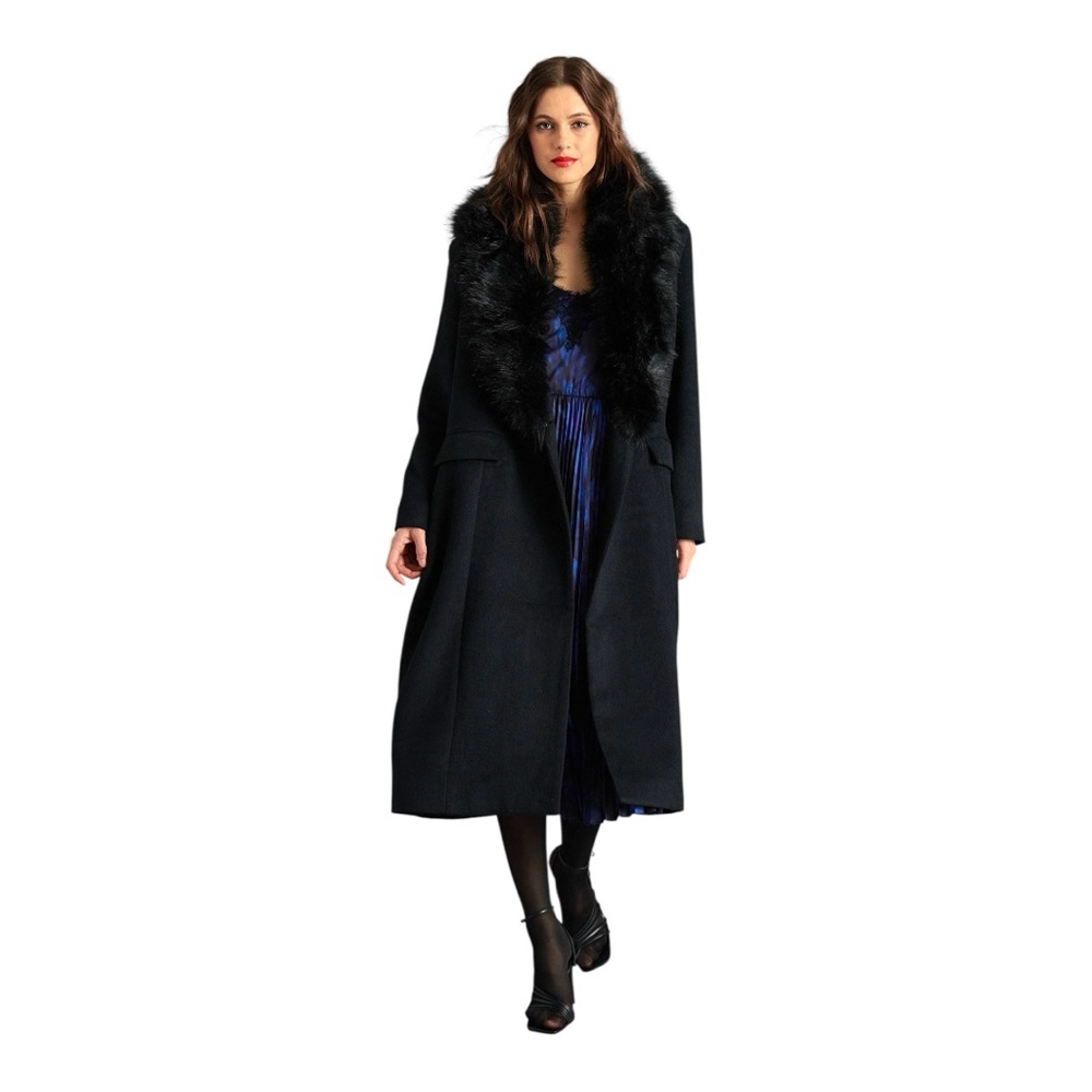 🆕 STEVE MADDEN Princee Black Wool Blend Coat with Faux Fur Collar PtP 21”